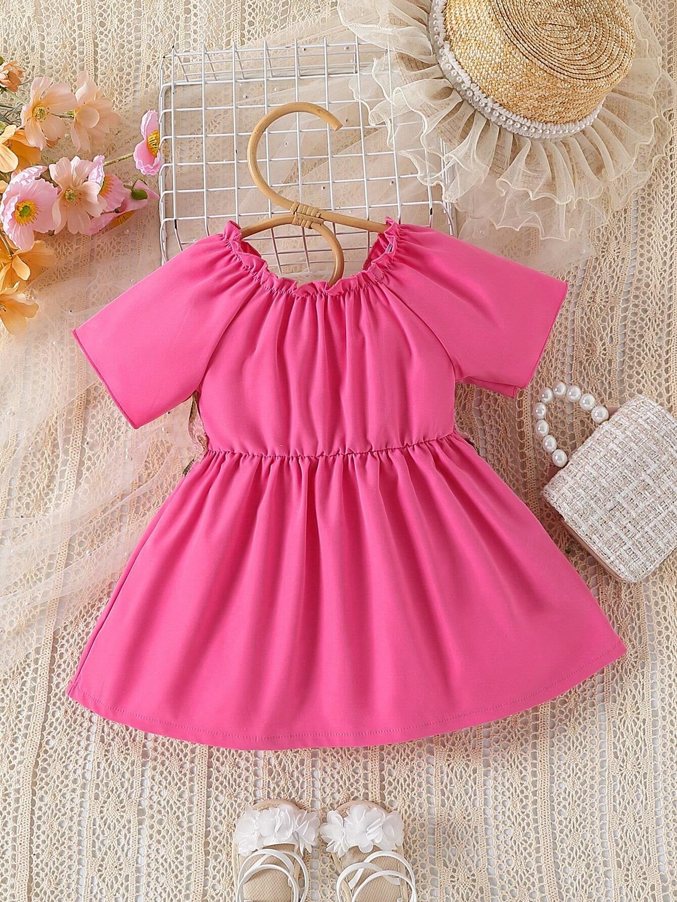 Baby Girl Floral Appliques Frill Trim off Shoulder Dress