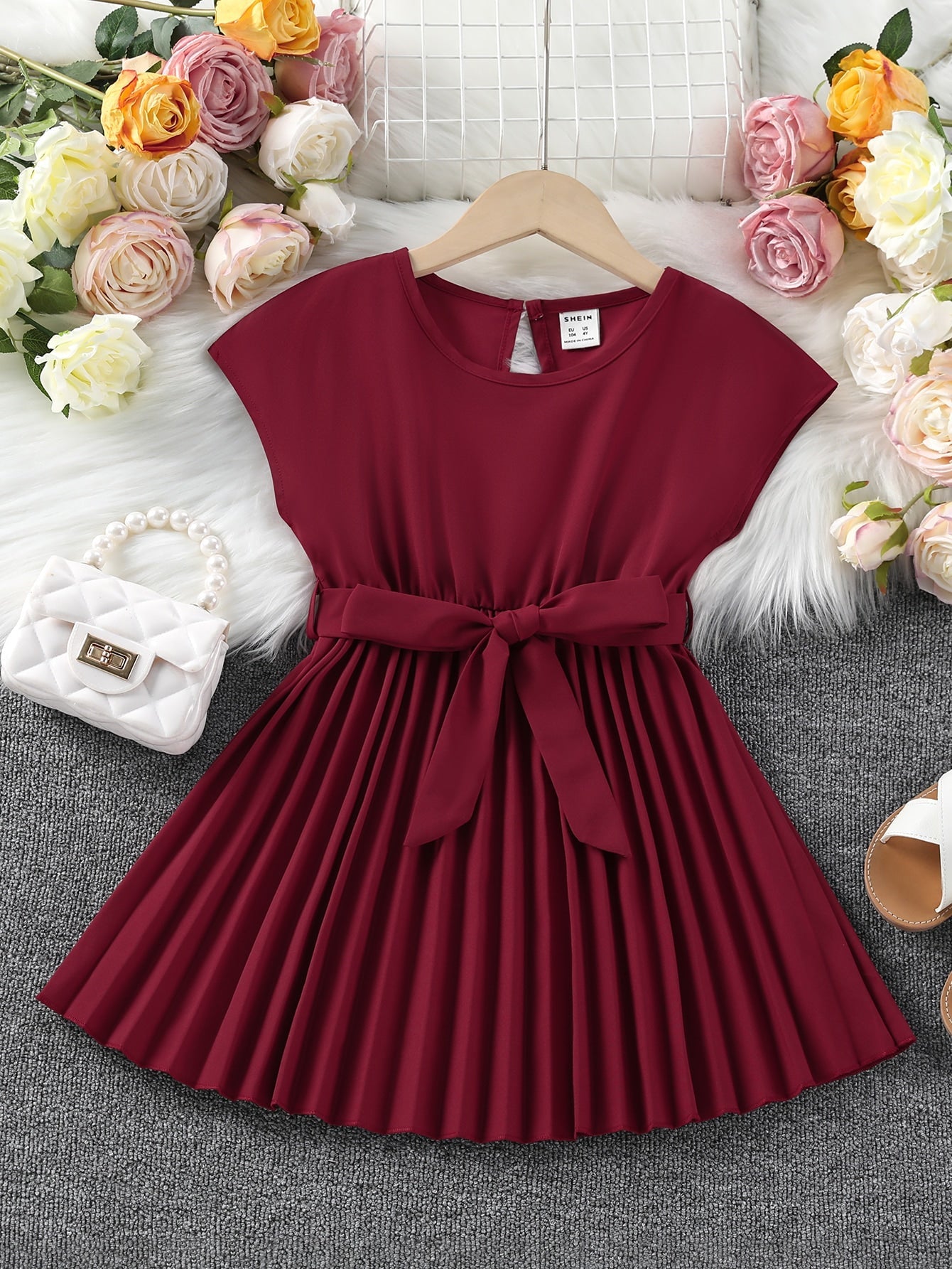 Young Girl Pleated Hem Belted Dress
