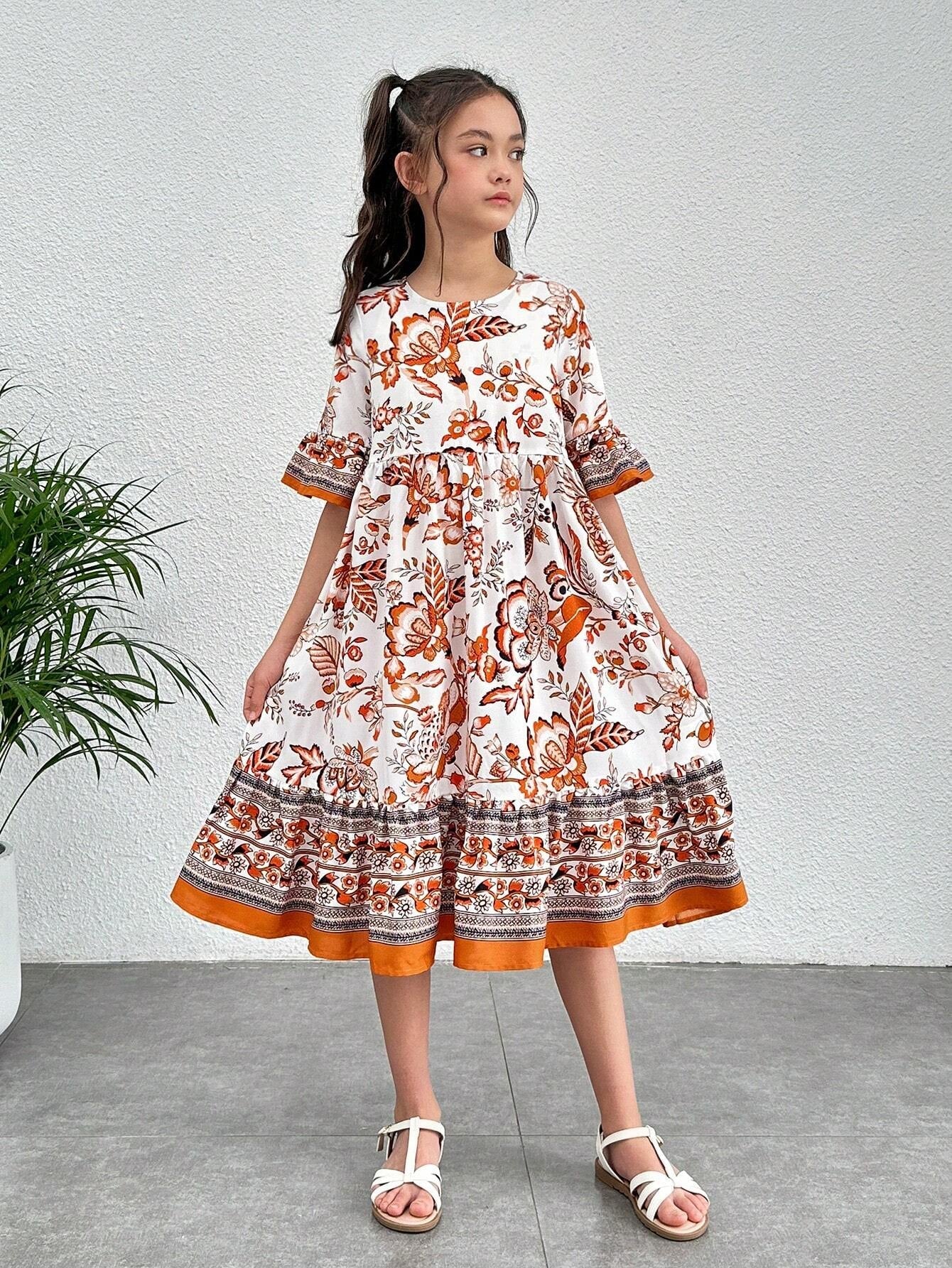 Tween Girl Floral Print Flounce Sleeve Ruffle Hem Dress