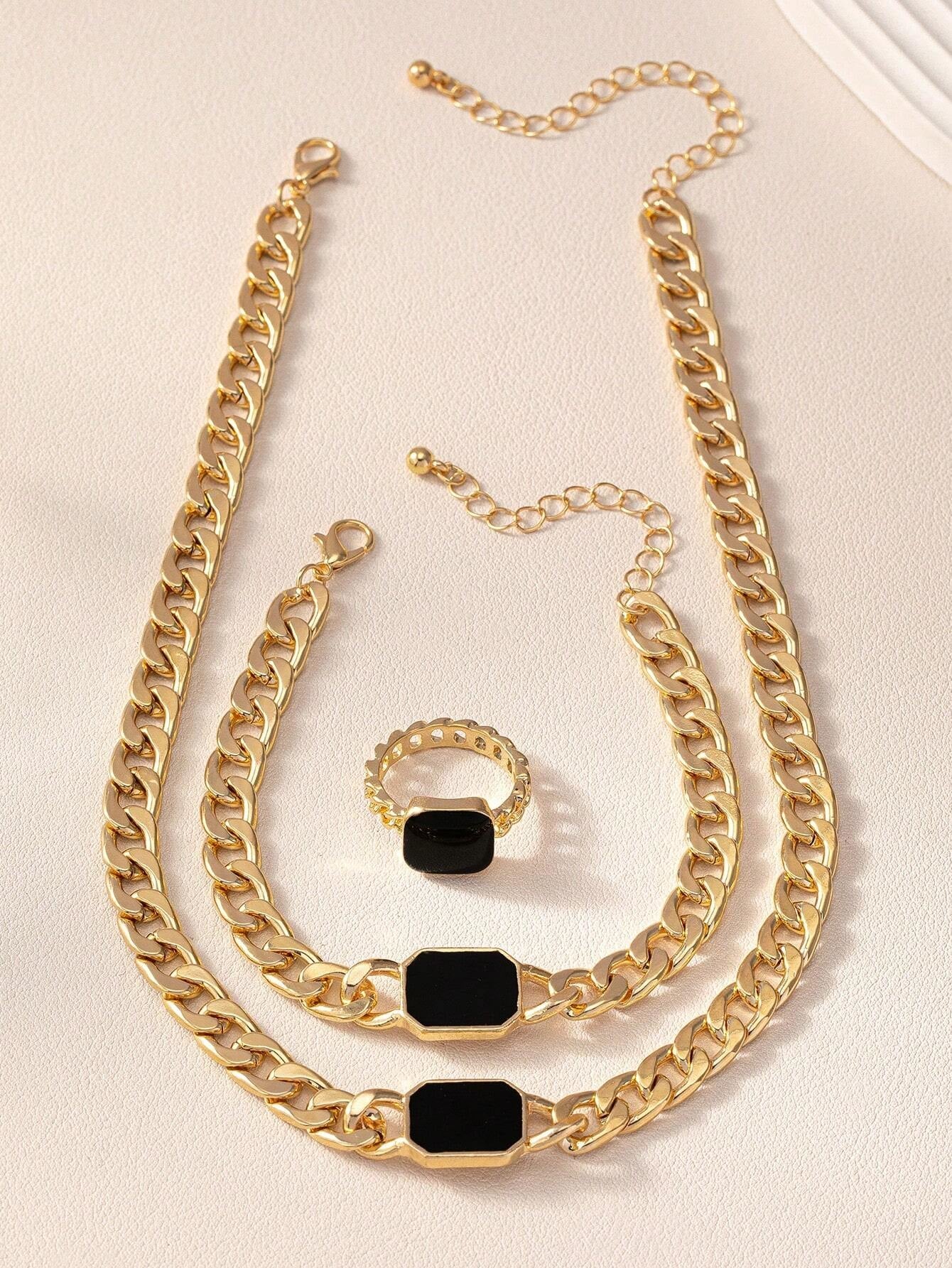 A Set of Black Square Necklaces, Bracelets, Rings, Retro Fashion Sets