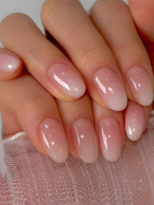 Upgrade Your Appearance: 24Pcs/Set Short Oval Shaped Ice-Clear & Pink & White Ombre False Nails, Suitable for Party, Dance & Daily Style Wear