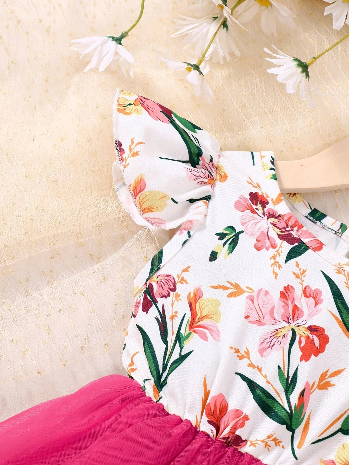 Young Girl Floral Print Contrast Mesh A-Line Dress