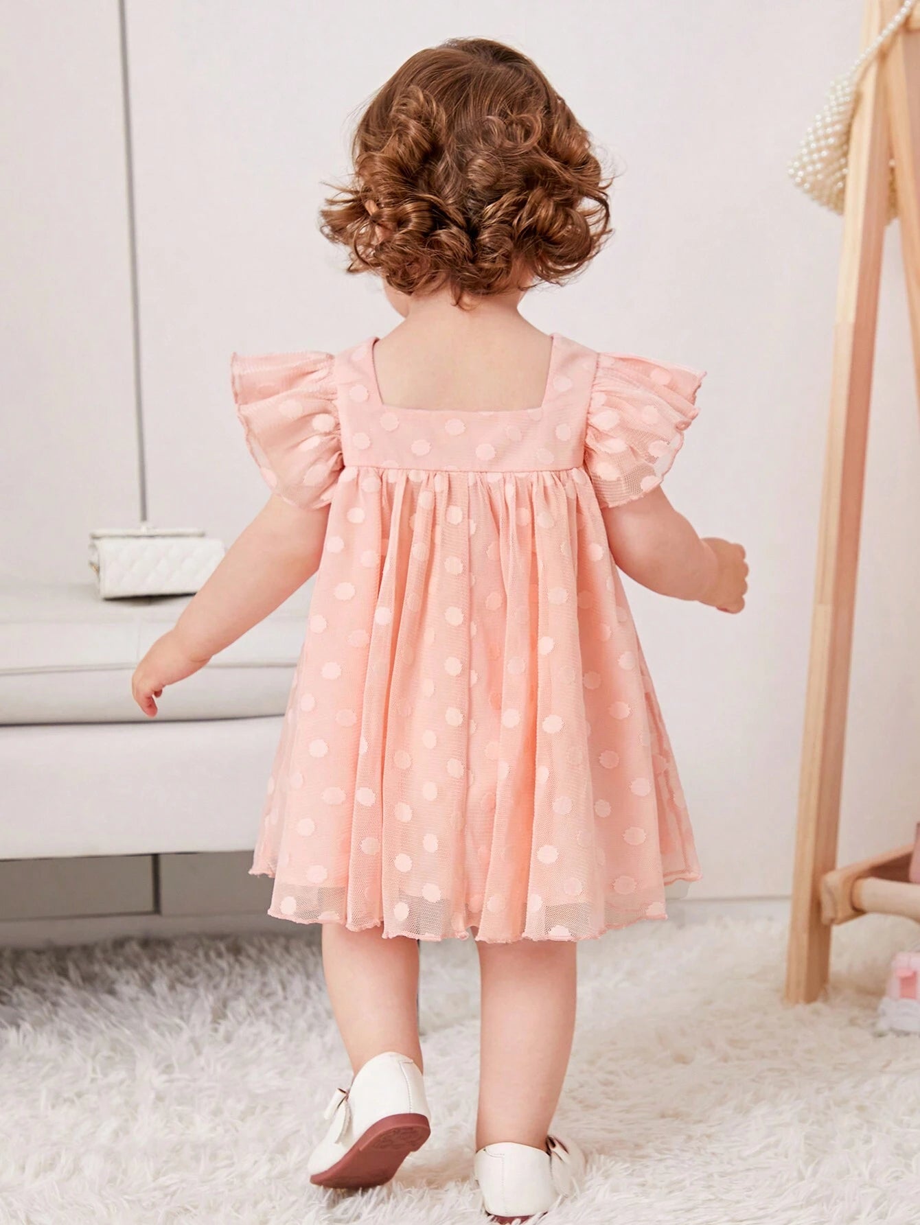 Baby Girl'S Sweet Polka Dot Mesh Dress with Square Neckline and Short Flutter Sleeves
