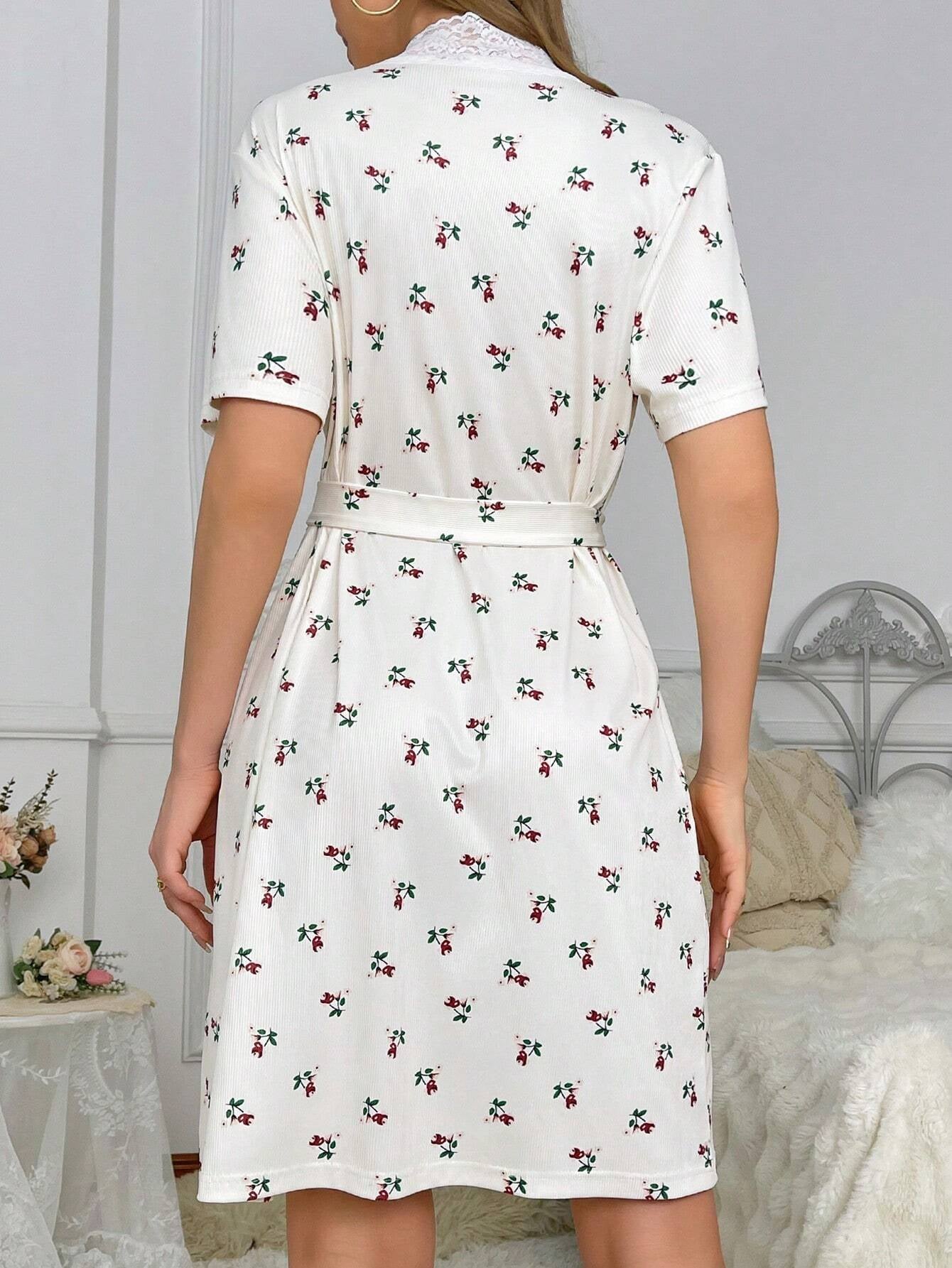 Floral Printed Lace Trimmed Belted Robe with Front Patch Pockets