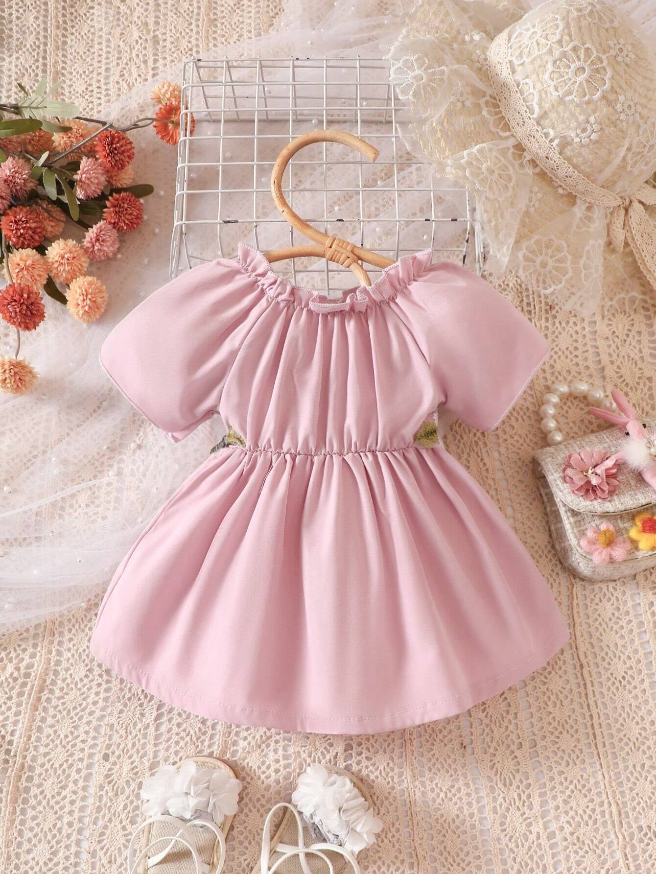 Baby Girl Floral Appliques Frill Trim off Shoulder Dress