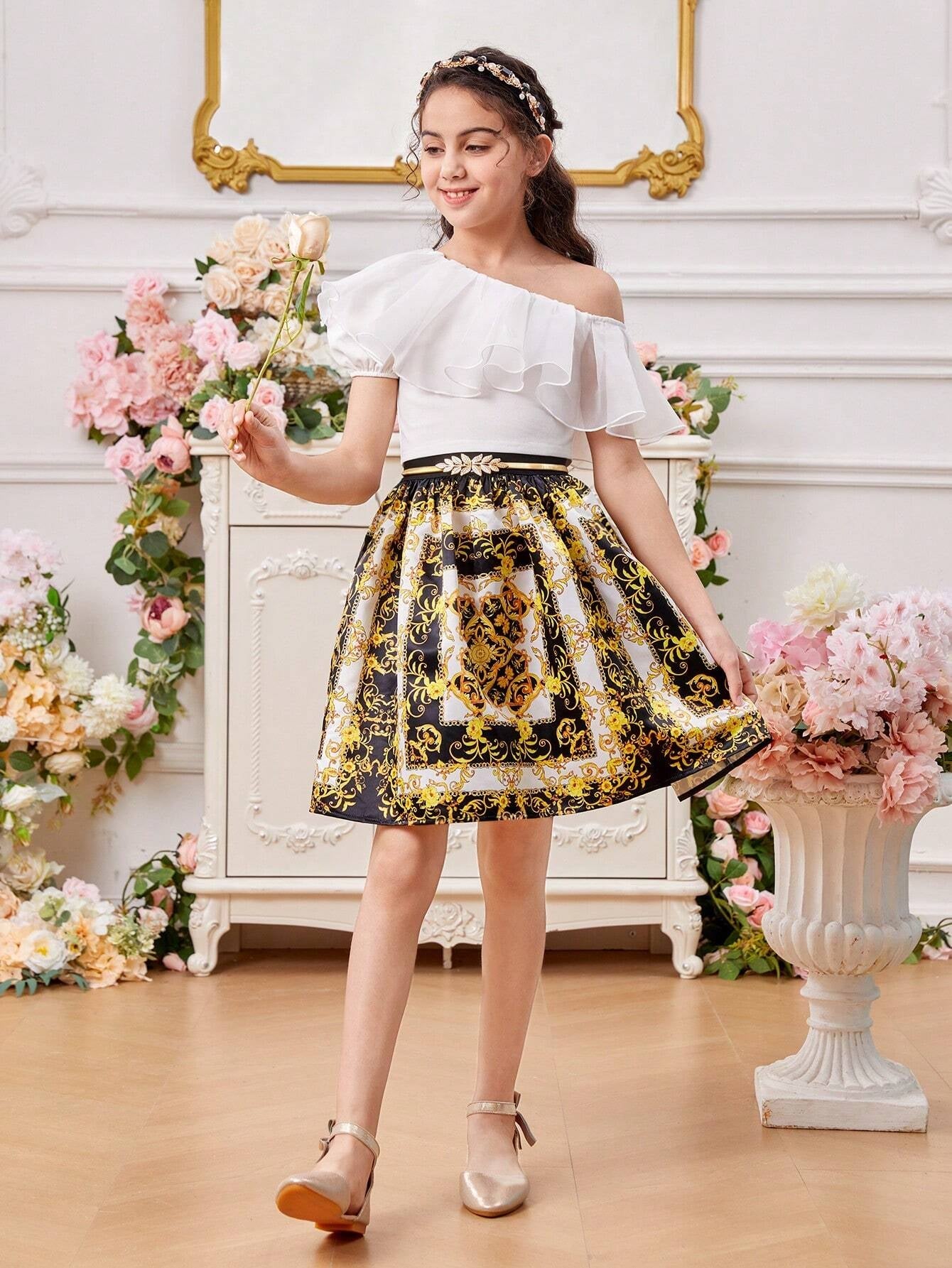 Tween Girls' One Shoulder Ruffle Trim Top & Vintage Flower Patterned Skirt Set