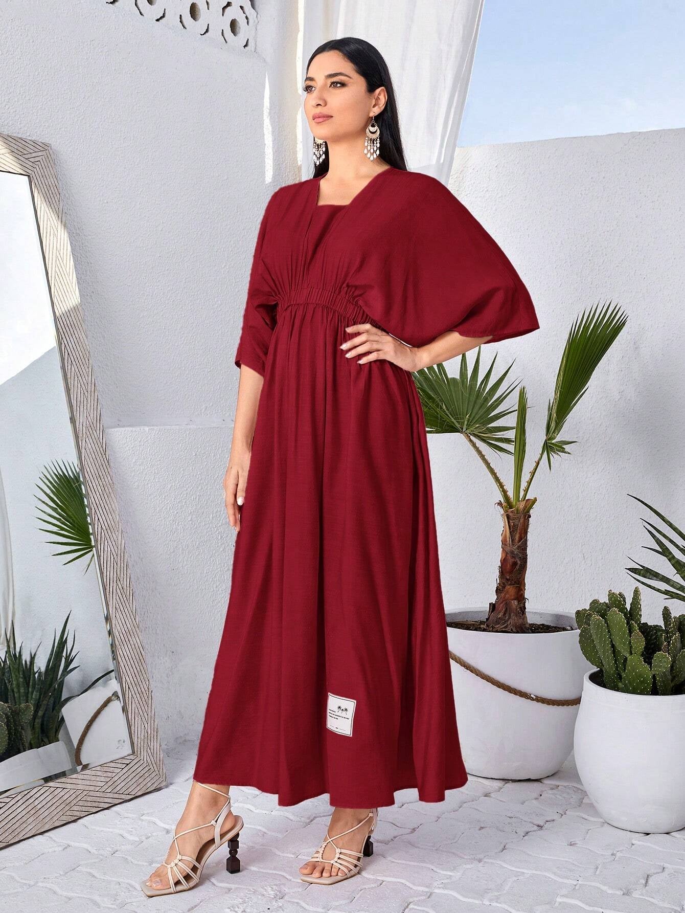 Mulvari Letter Patched Batwing Sleeve A-Line Dress