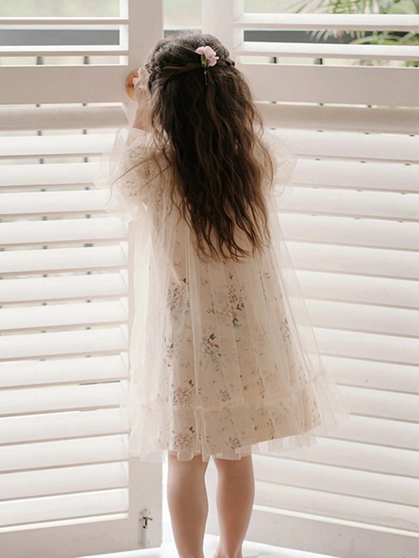 Young Girls' Vintage Floral Patchwork Mesh Bubble Sleeve Dress with Print, Casual Style