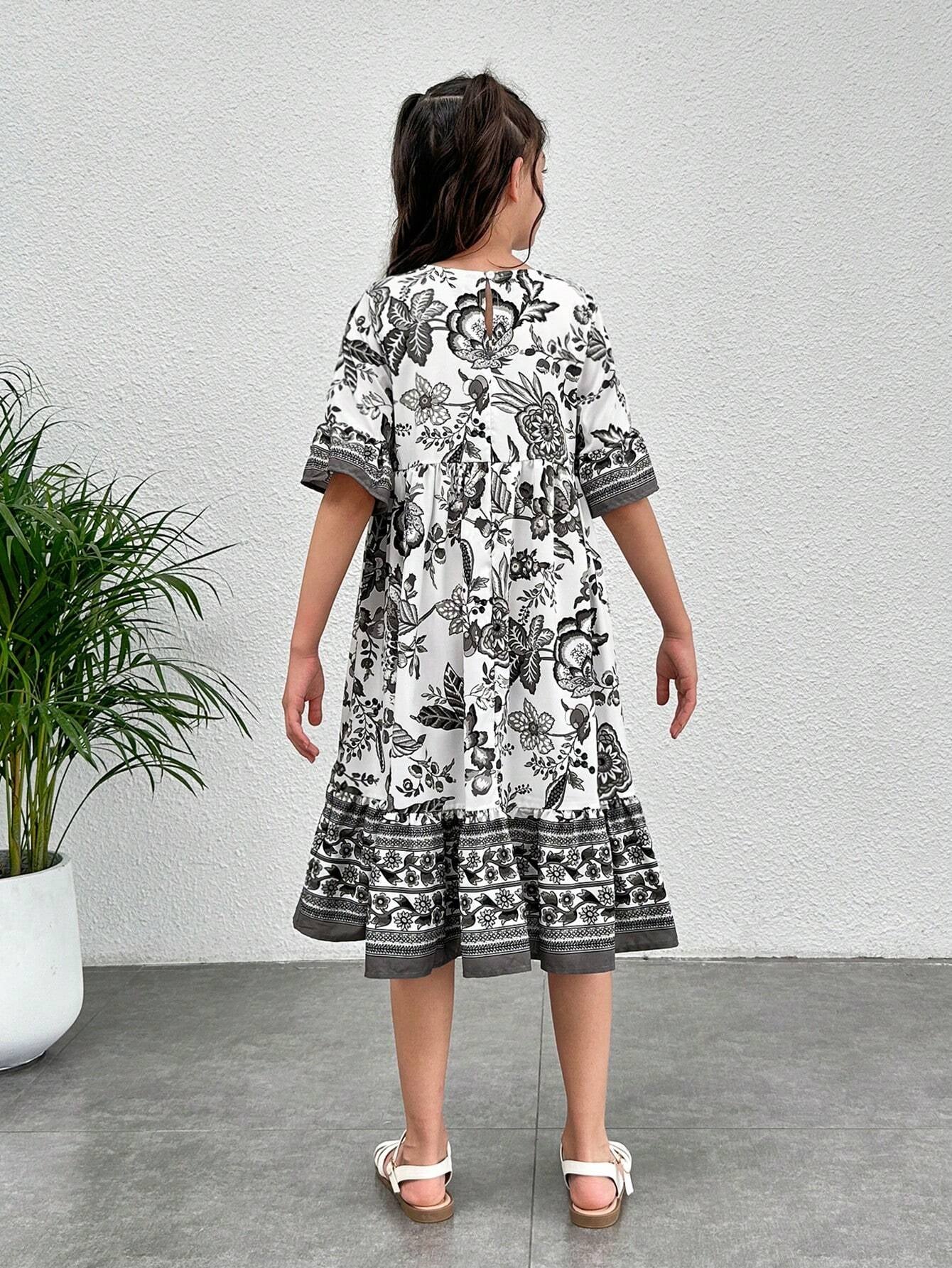 Tween Girl Floral Print Flounce Sleeve Ruffle Hem Dress