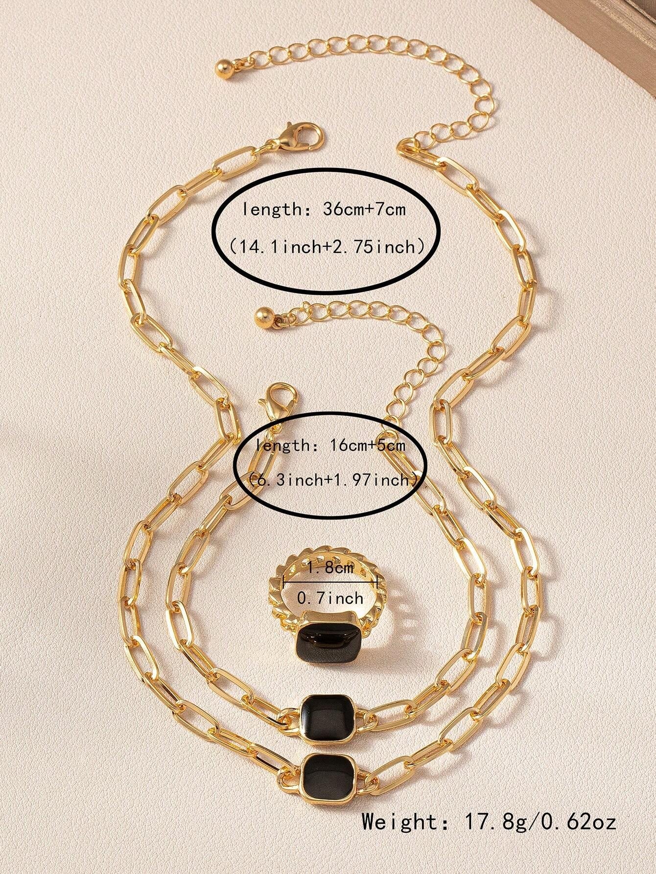 A Set of Black Square Necklaces, Bracelets, Rings, Retro Fashion Sets