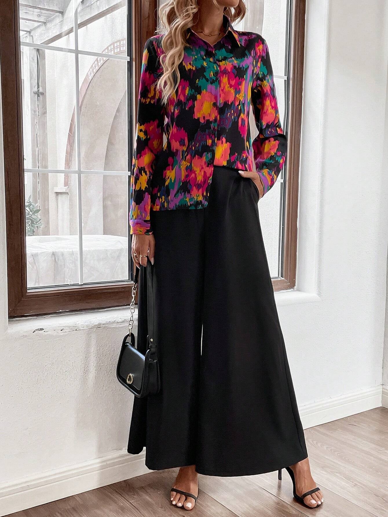 Frenchy Allover Print Shirt & Wide Leg Pants