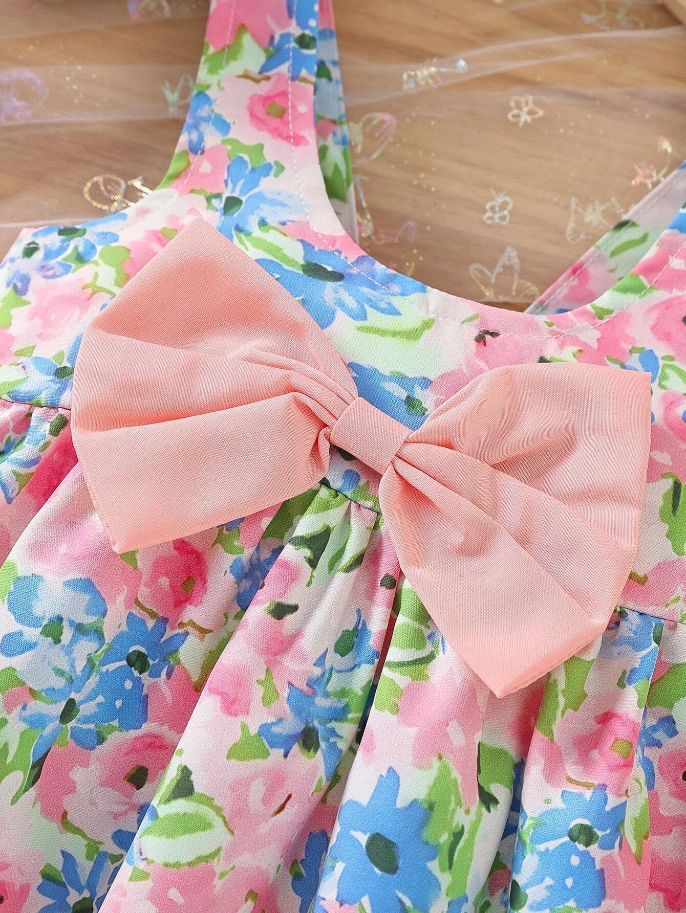 Baby Girls' Summer Sleeveless Dress with Floral Print, Butterfly Bowknot Decor