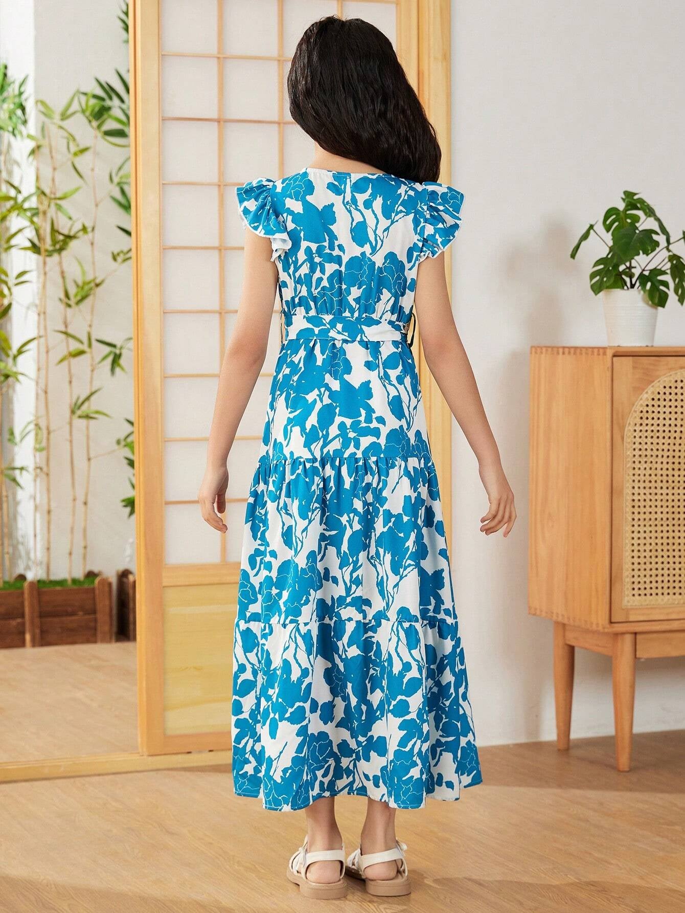 Tween Girls' Elegant Cross V-Neckline Floral Printed Dress with Ruffle Sleeves, Pleated and Tie for Summer
