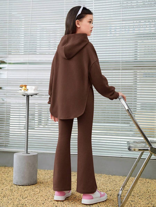 SHEIN بنت طفل مدرز بالحروف منخفض الاكتاف هودي & بنطلون بساق واسع