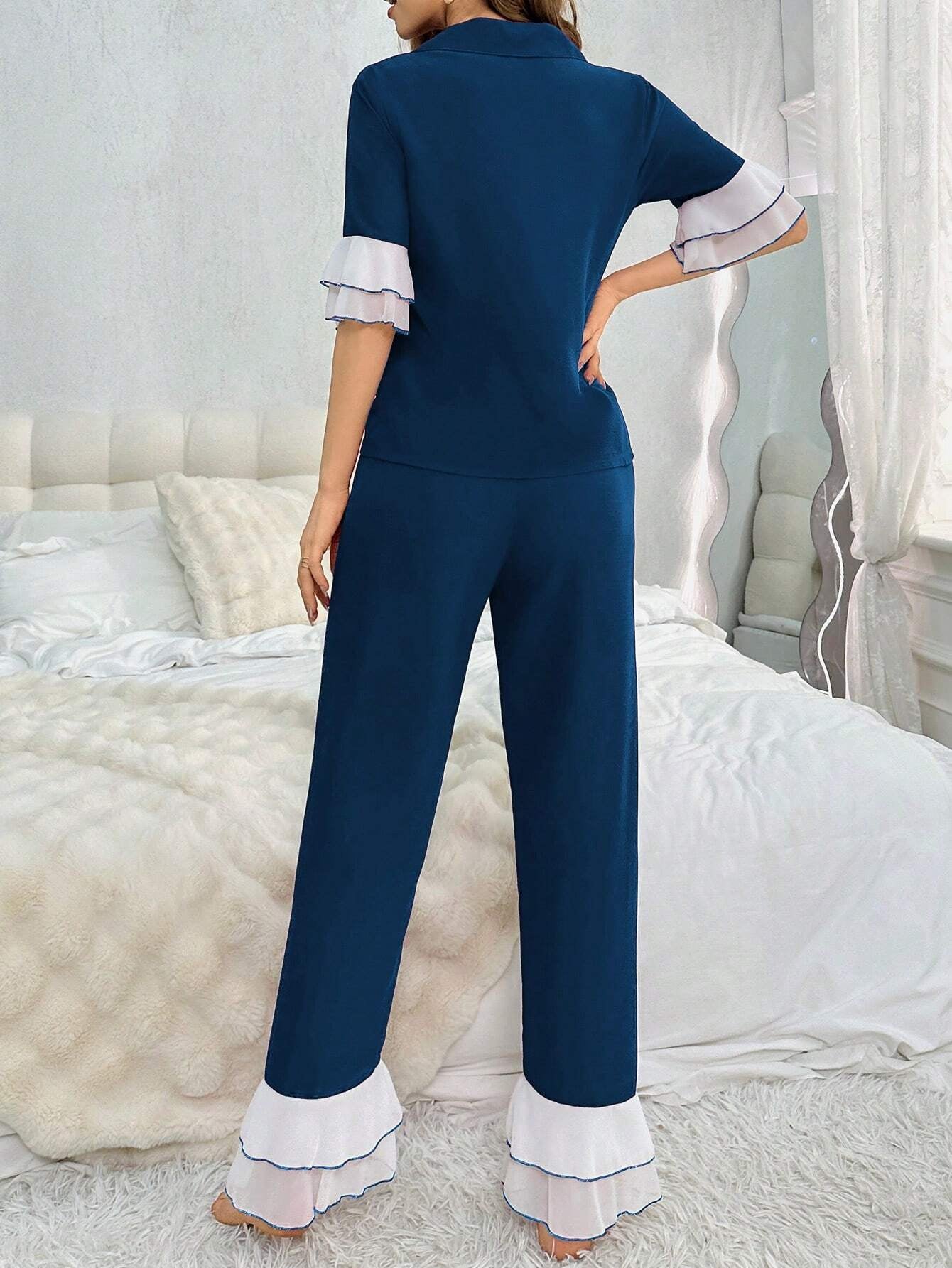 Women'S Two-Piece Sleepwear Set with Color Block Flounce Sleeve Top and Flare Pants
