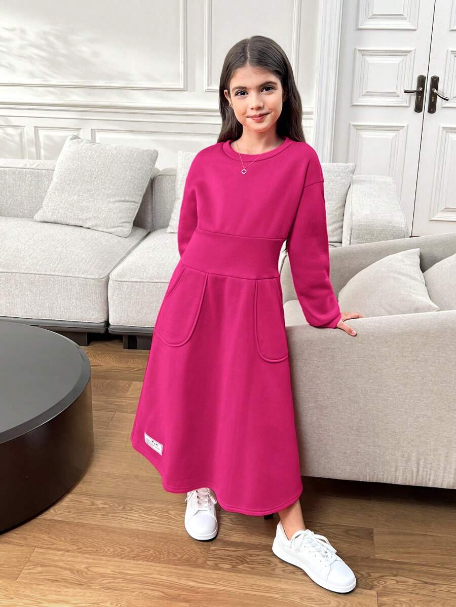 SHEIN فستان بلوزة رياضية فضفاضة على شكل حرف A مع خصر مكدس للبنات المراهقات ، نمط عارض مع ياقة مستديرة