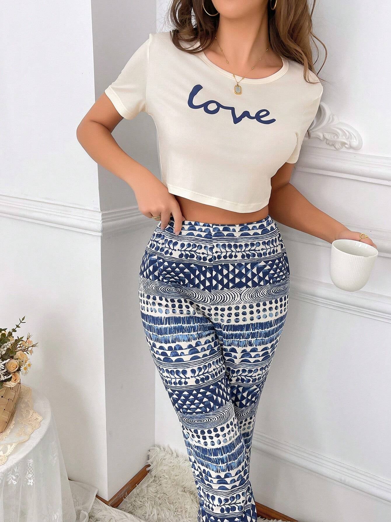 Ladies' Pajama Set with Letter Print Short Sleeve Top and Pants
