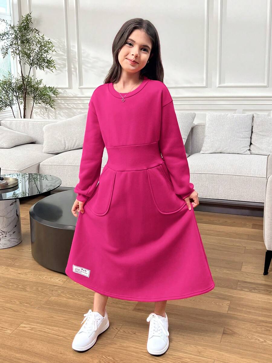 SHEIN فستان بلوزة رياضية فضفاضة على شكل حرف A مع خصر مكدس للبنات المراهقات ، نمط عارض مع ياقة مستديرة