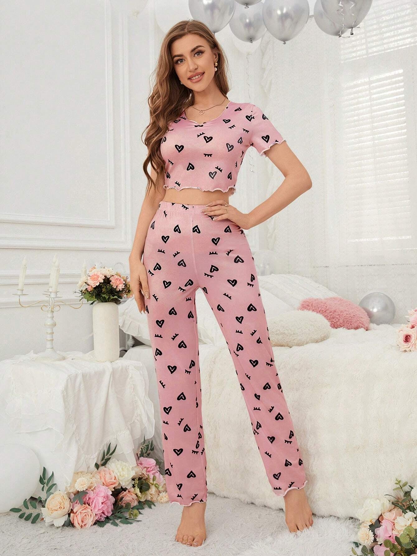 Women'S Pajama Set, Eyelash and Heart Pattern
