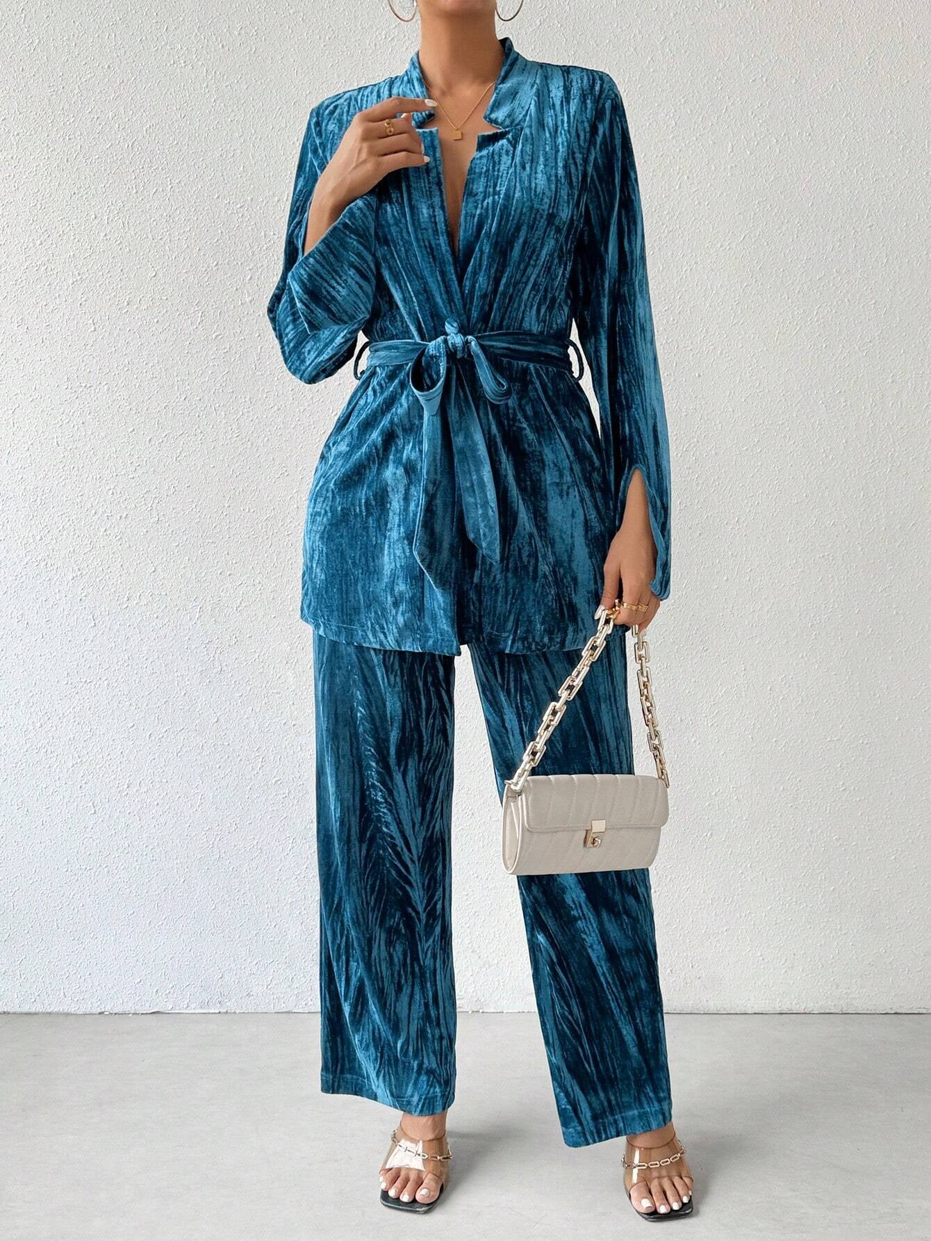Privé Pleated Velvet Stand Collar Belted Coat and Pants Set