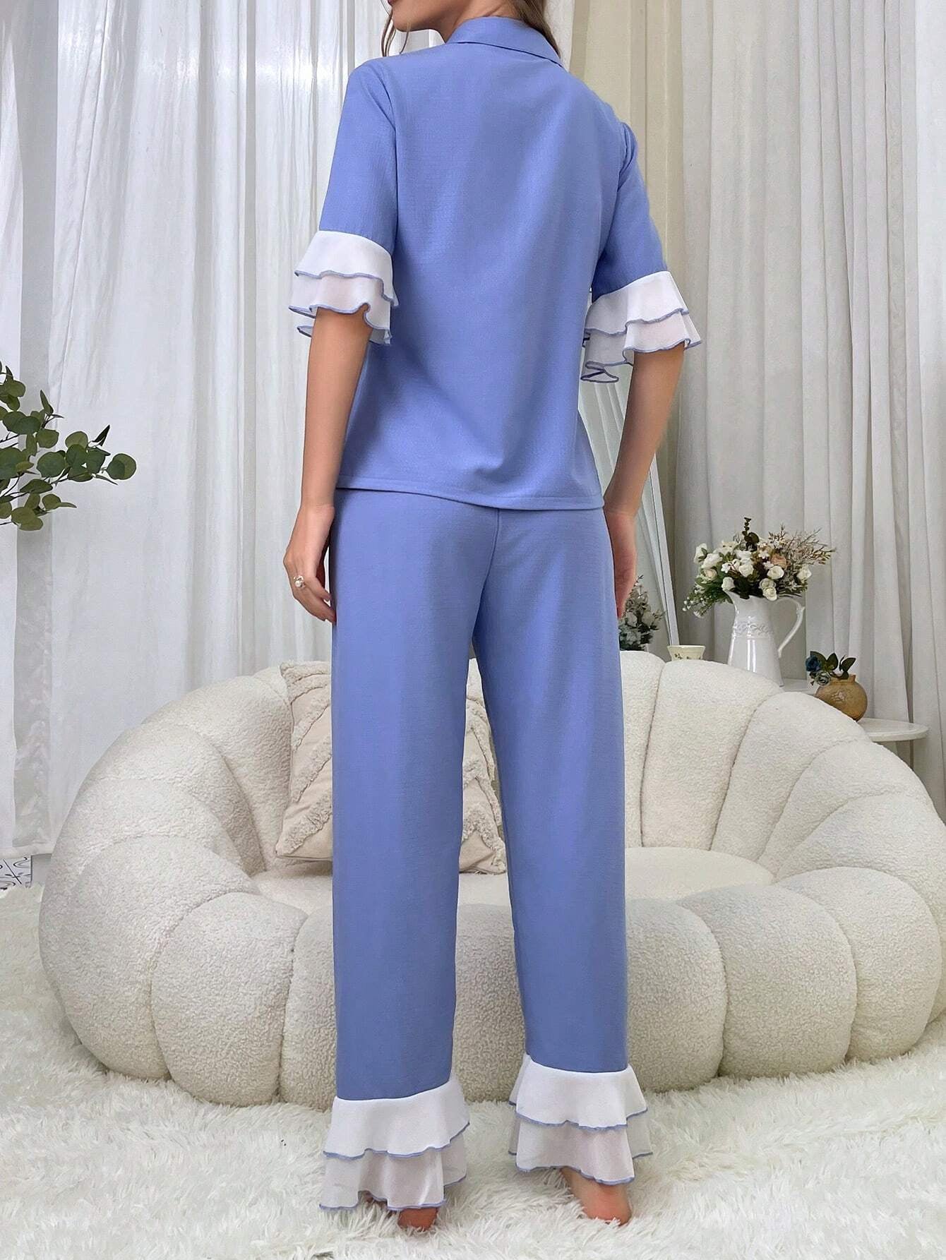 Women'S Two-Piece Sleepwear Set with Color Block Flounce Sleeve Top and Flare Pants