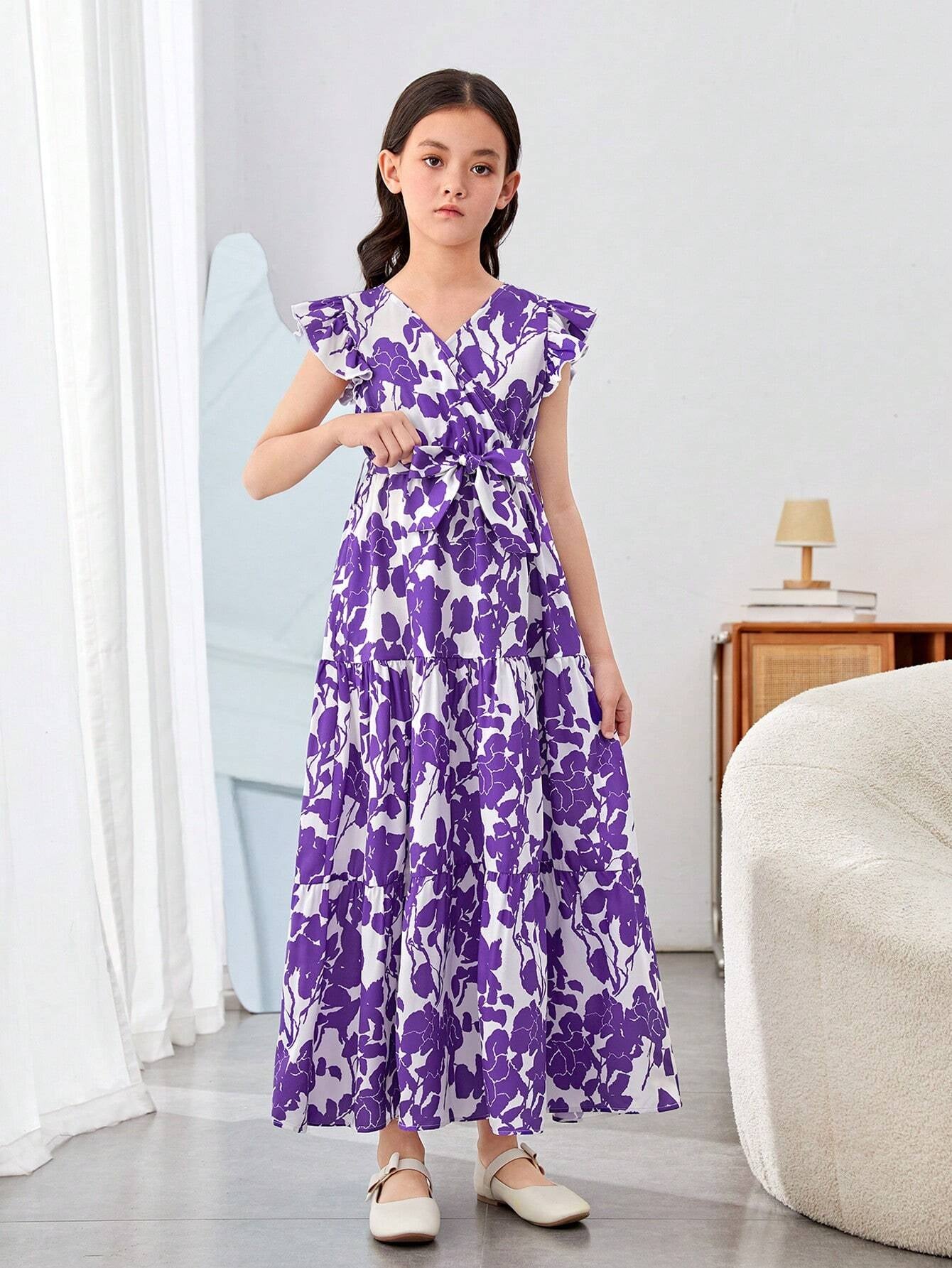 Tween Girls' Elegant Cross V-Neckline Floral Printed Dress with Ruffle Sleeves, Pleated and Tie for Summer