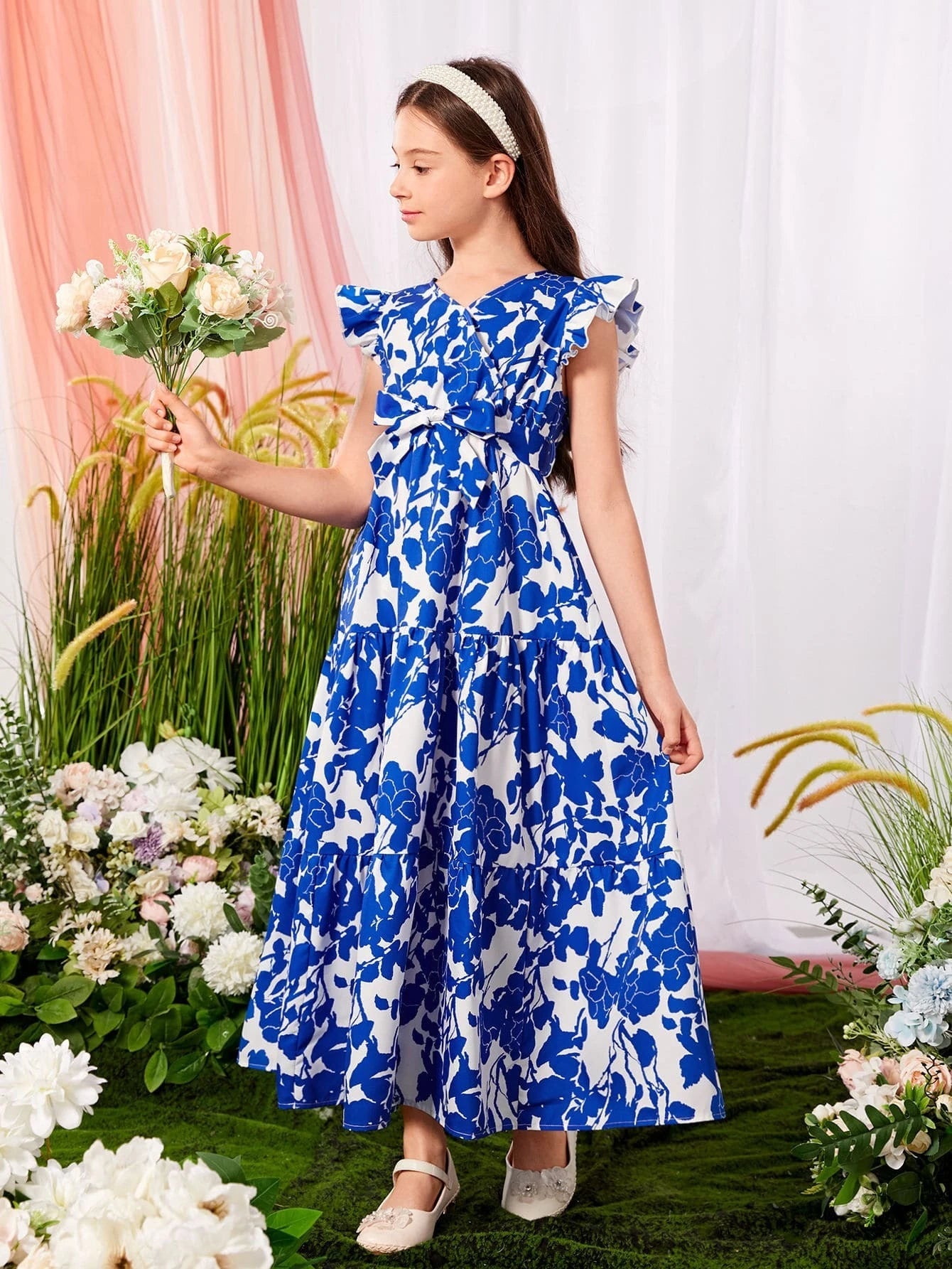 Tween Girls' Elegant Cross V-Neckline Floral Printed Dress with Ruffle Sleeves, Pleated and Tie for Summer