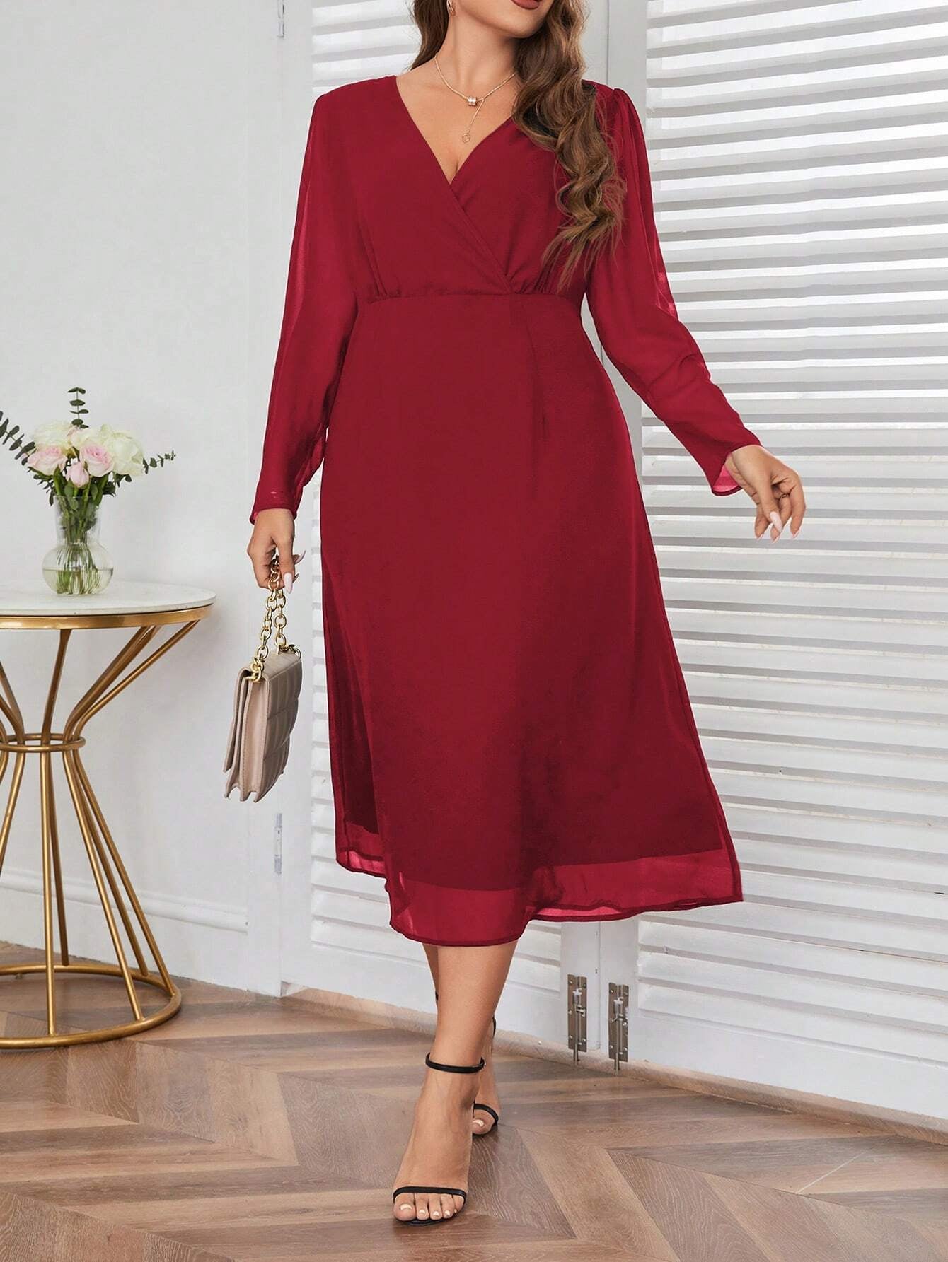 Privé plus Size Wrap Neck Long Sleeve Dress