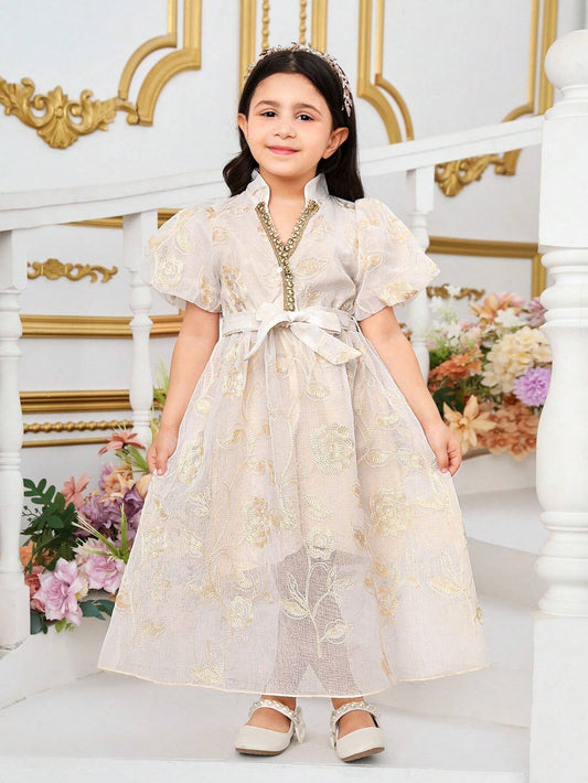 Young Girl'S Elegant Embroidered Lantern Sleeve Long Dress