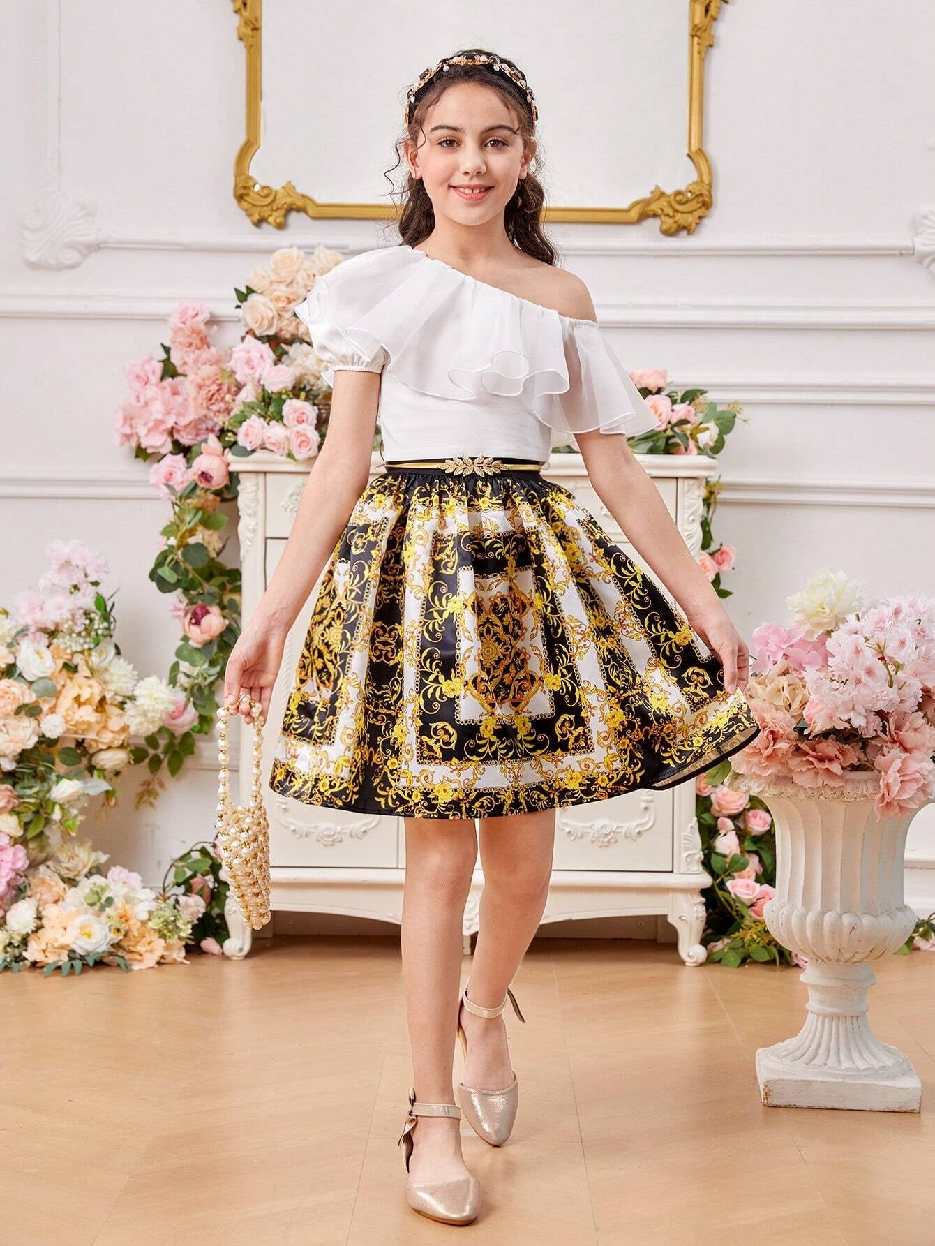 Tween Girls' One Shoulder Ruffle Trim Top & Vintage Flower Patterned Skirt Set