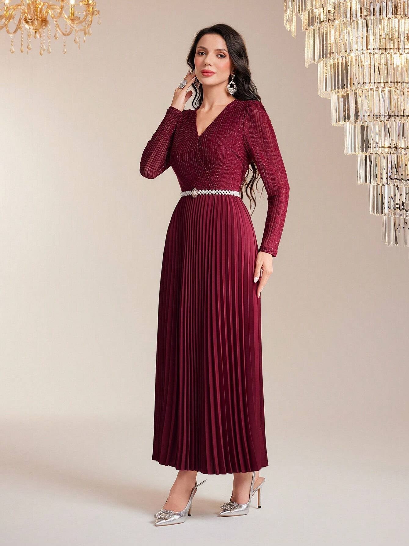 Modely Surplice Neck Pleated Hem Dress with Belt