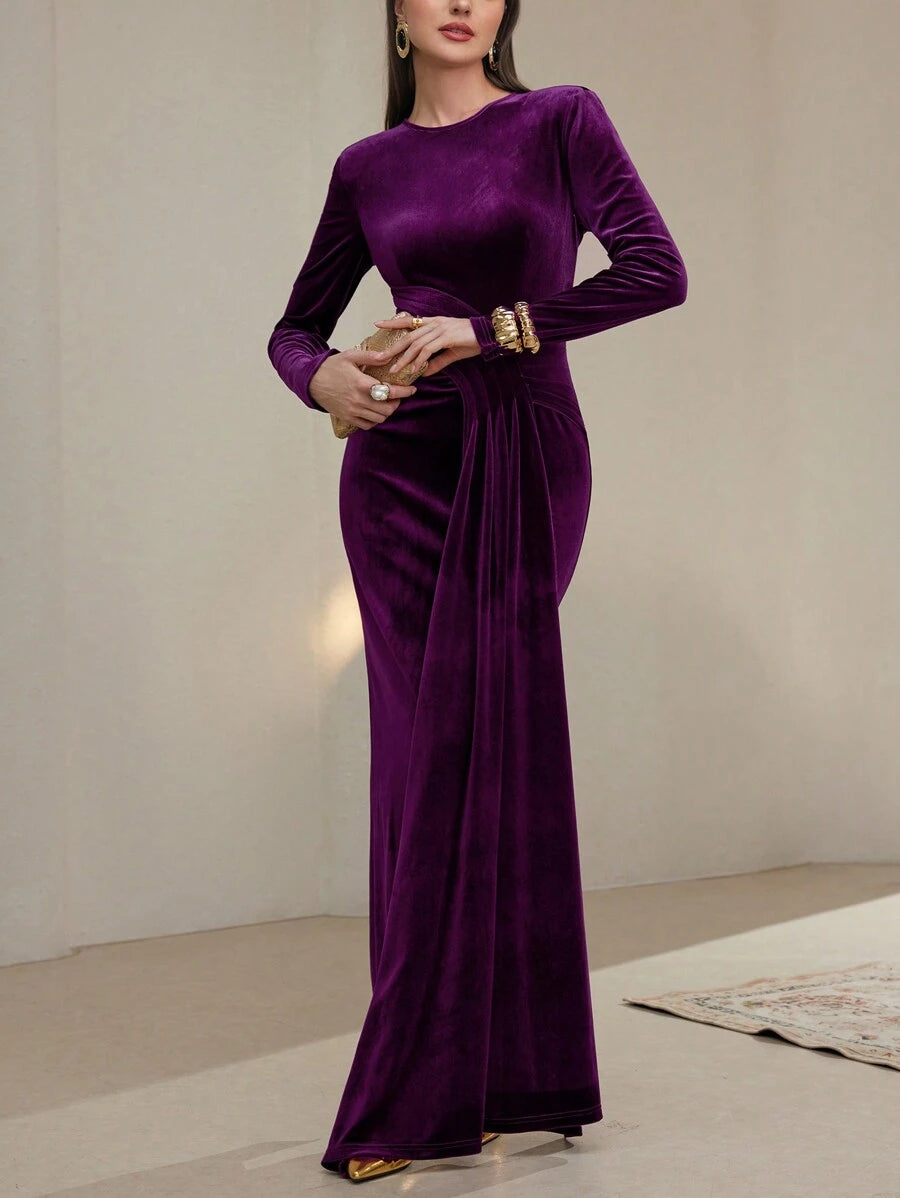 SHEIN Modely 1 قطعة فستان أنيق للنساء بلون كامل وياقة دائرية وأكمام طويلة وشريط تركيبي