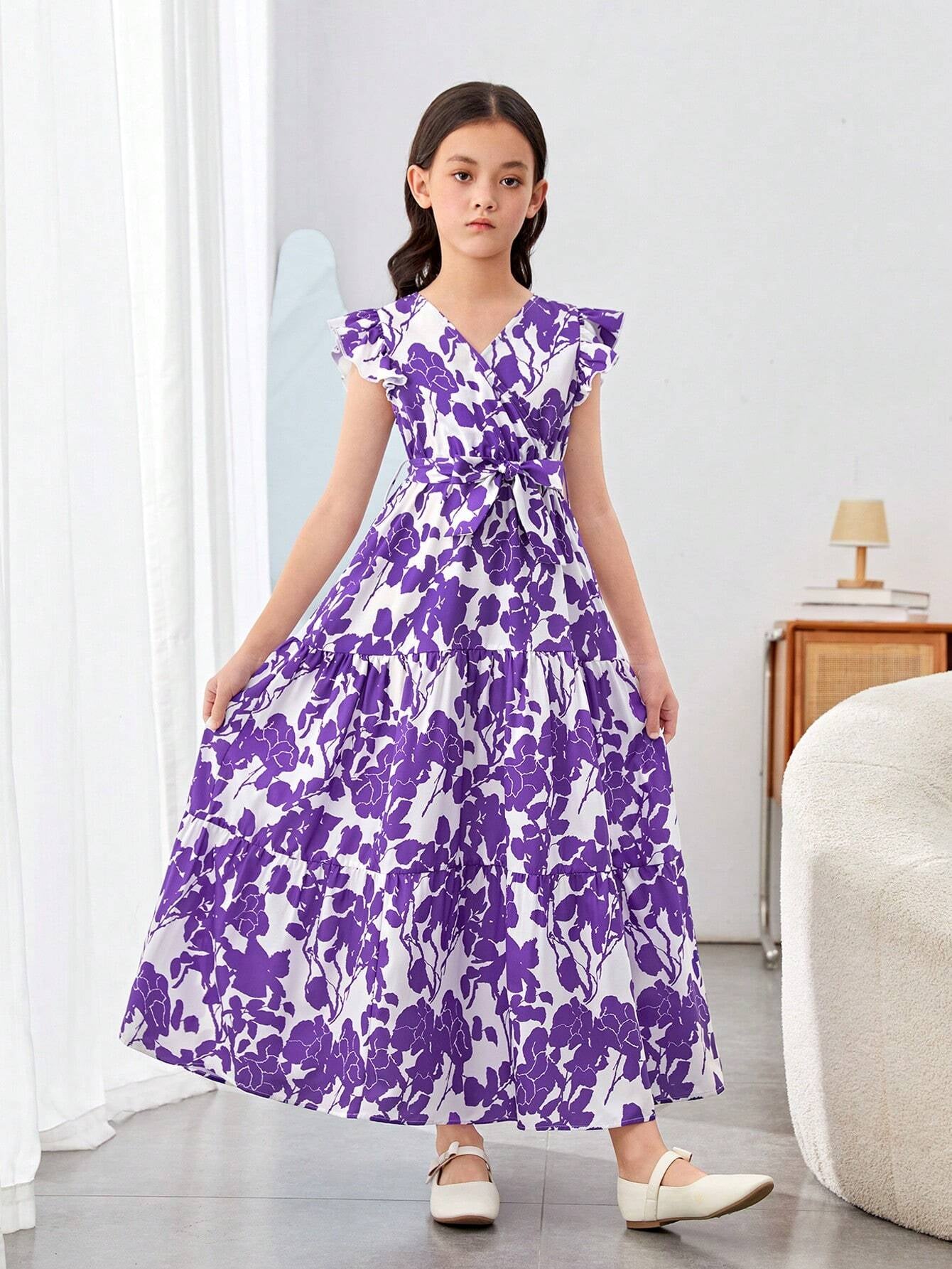 Tween Girls' Elegant Cross V-Neckline Floral Printed Dress with Ruffle Sleeves, Pleated and Tie for Summer