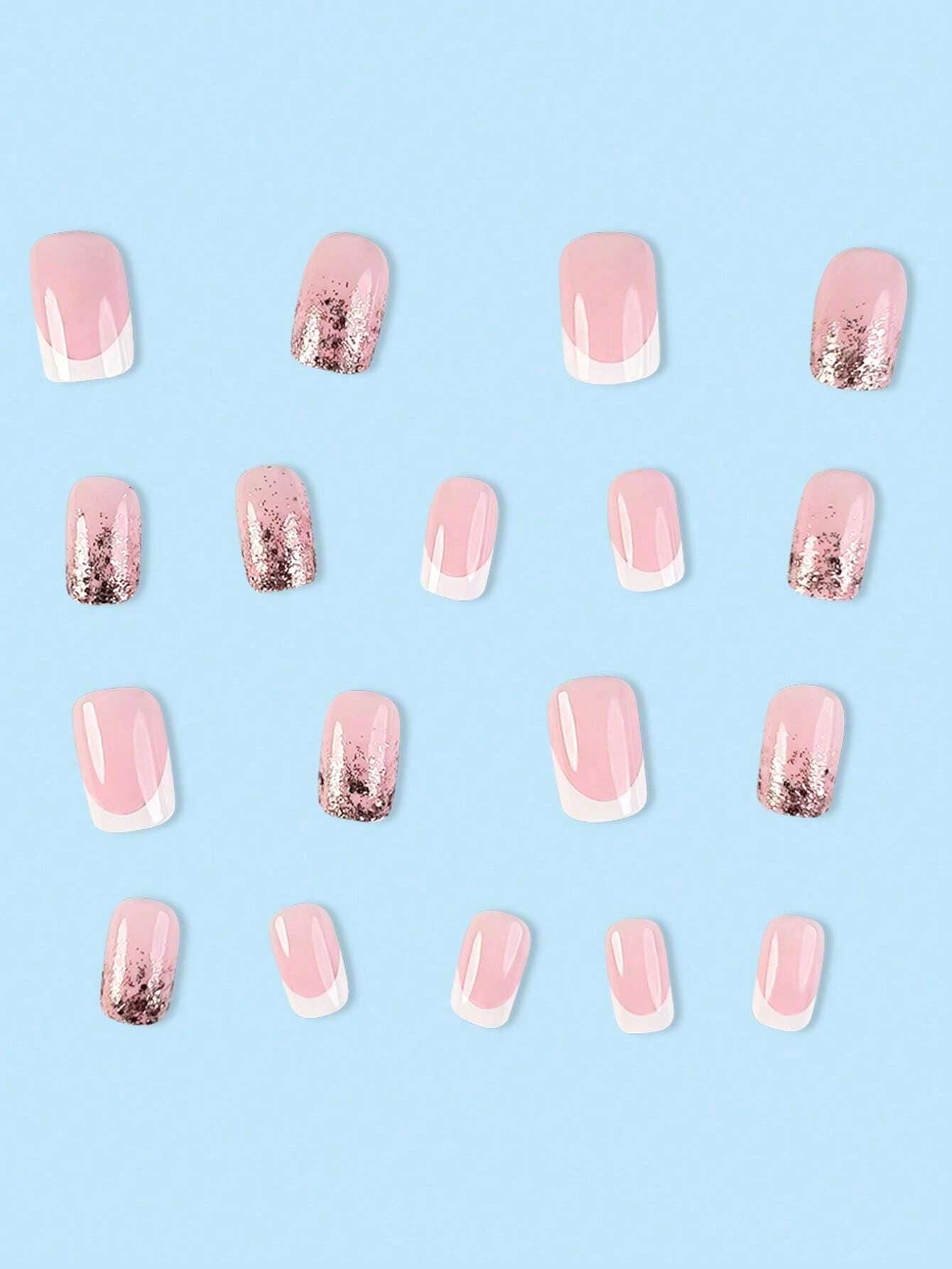 Upgrade Your Appearance: 24Pcs/Set Short Oval Shaped Ice-Clear & Pink & White Ombre False Nails, Suitable for Party, Dance & Daily Style Wear
