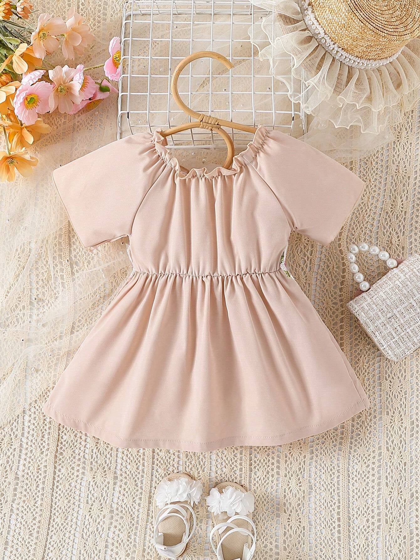 Baby Girl Floral Appliques Frill Trim off Shoulder Dress