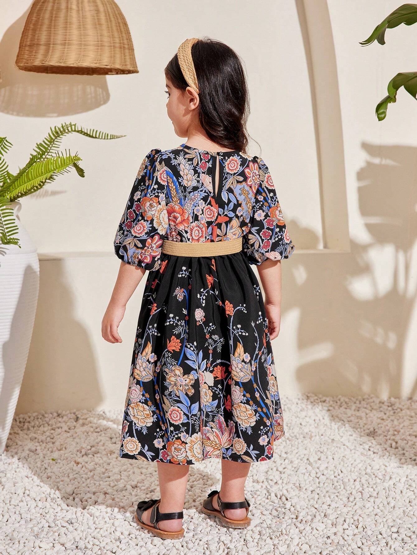 Young Girl Floral Printed V-Neck Puff Sleeve Dress