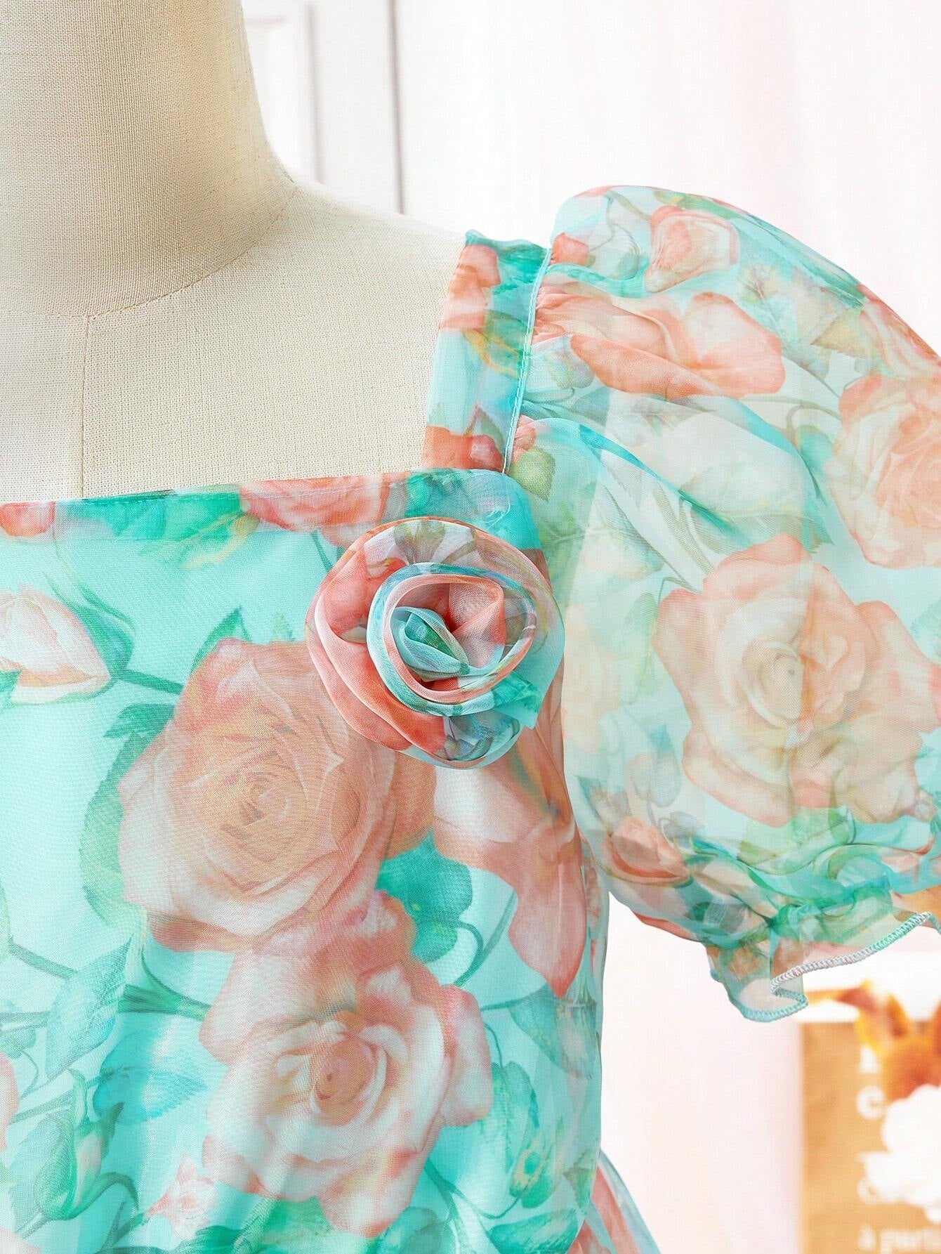 Tween Girl Floral Printed Mesh Patchwork Puff Sleeve Dress