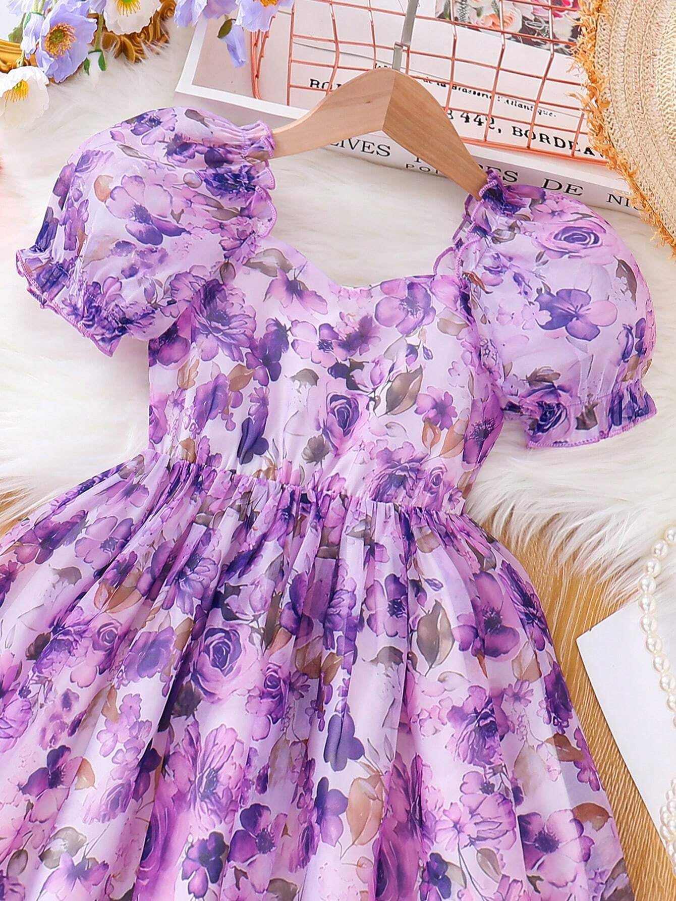 Young Girls' Summer Flower Print Dress, Purple Floral Princess Dress with Puff Sleeves