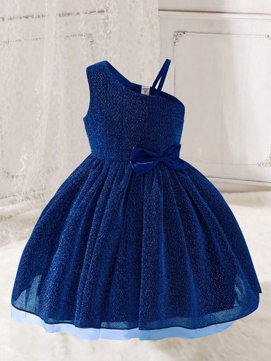 Young Girl Asymmetrical Neck Bow Front Dress