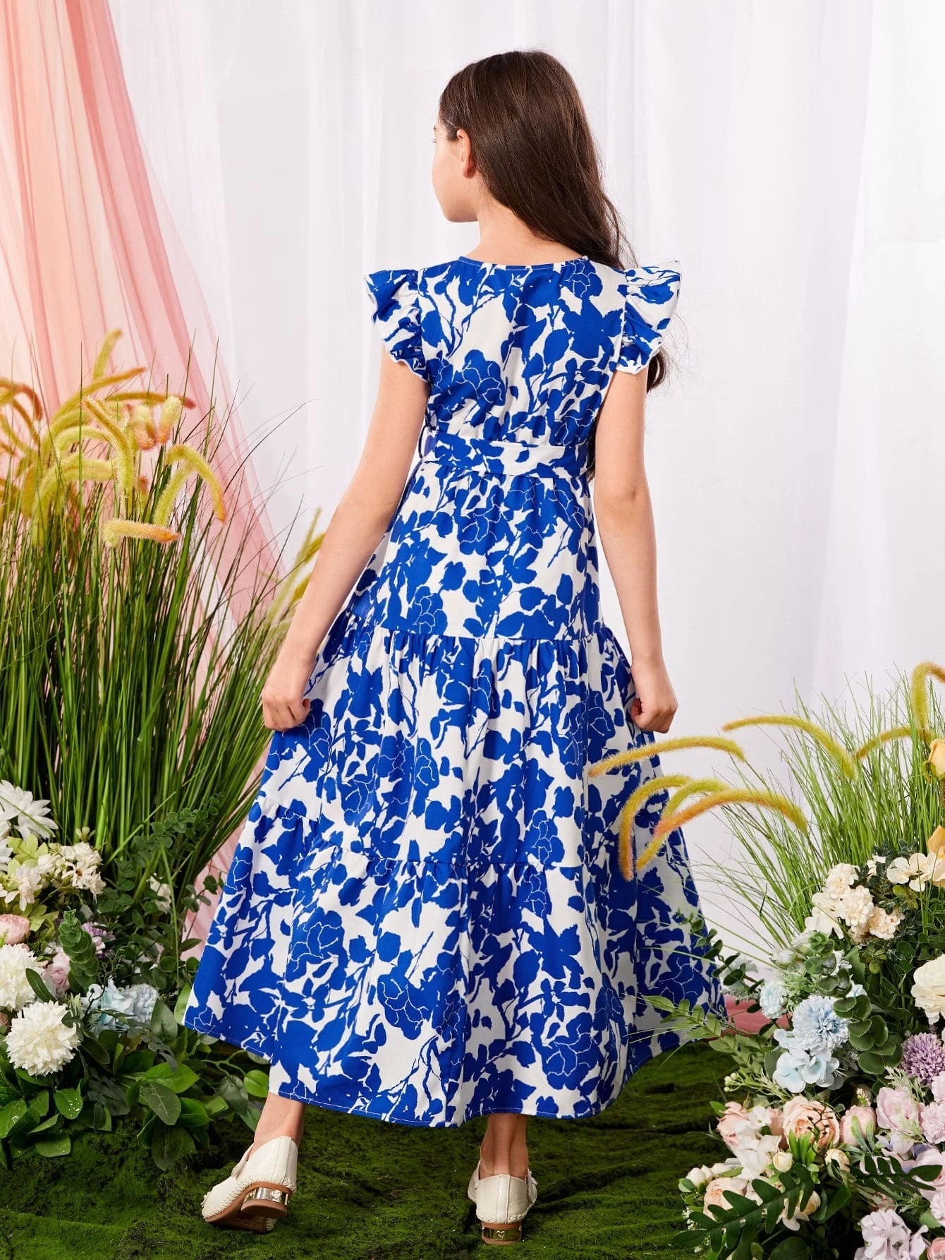 Tween Girls' Elegant Cross V-Neckline Floral Printed Dress with Ruffle Sleeves, Pleated and Tie for Summer