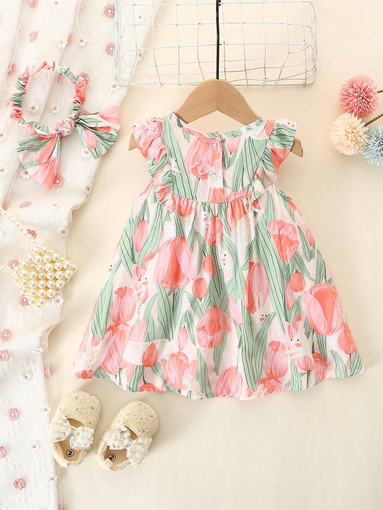 Baby Girl'S Full Print Floral Dress with Ruffled Hem and Headband