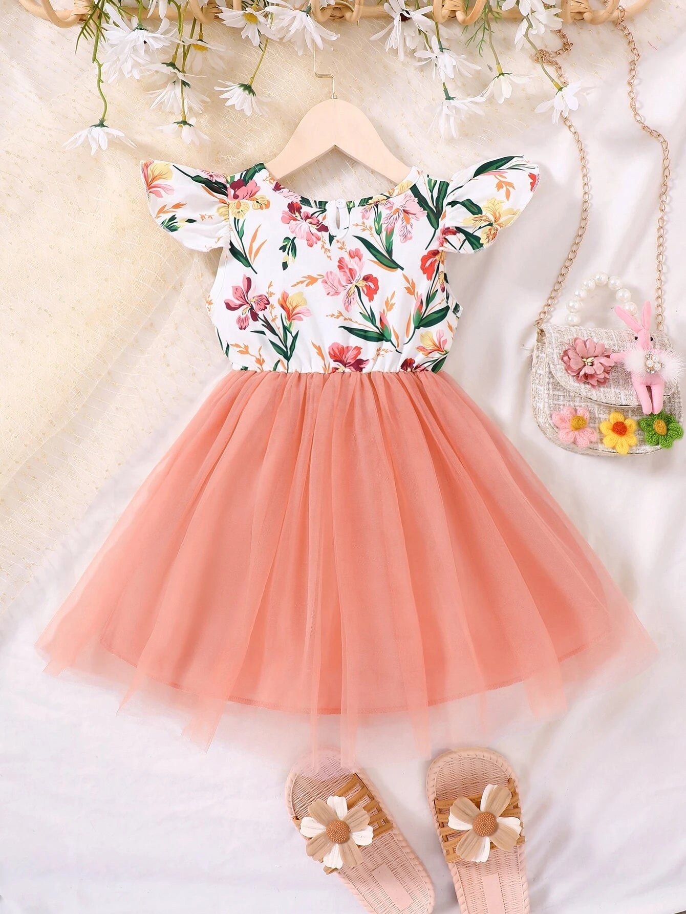Young Girl Floral Print Contrast Mesh A-Line Dress
