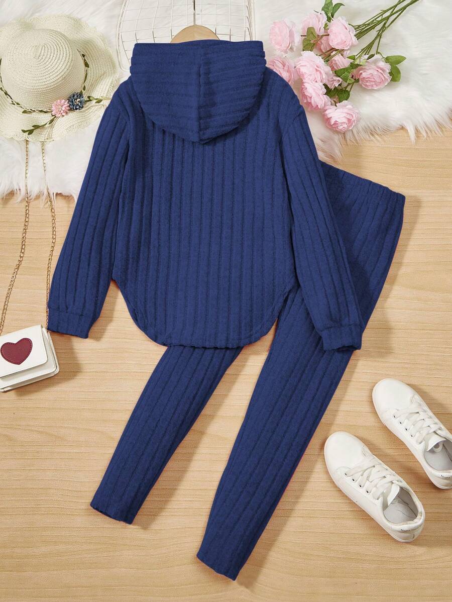 SHEIN تي شيرت مطرز بشريط بوبل مع كابوشون للفتيات المراهقات، مع هيم غير منتظم ، متناسق مع سروال ضيق ، طقم من قطعتين