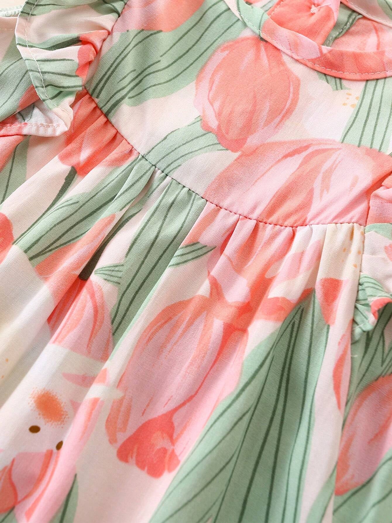 Baby Girl'S Full Print Floral Dress with Ruffled Hem and Headband