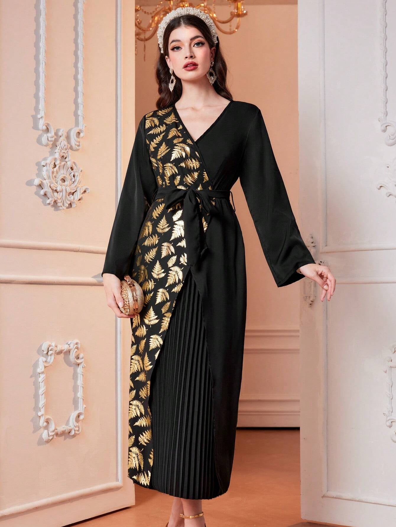 Modely Colorblock Gold Foil Printed V-Neck Swing Dress with Pleated Hem