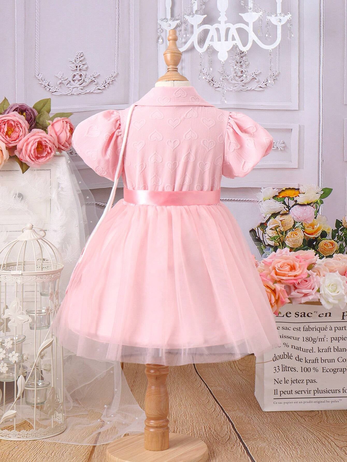 Little Girls' Princess Style Casual Fashionable Elegant Heart Shaped Bag Mesh Dress