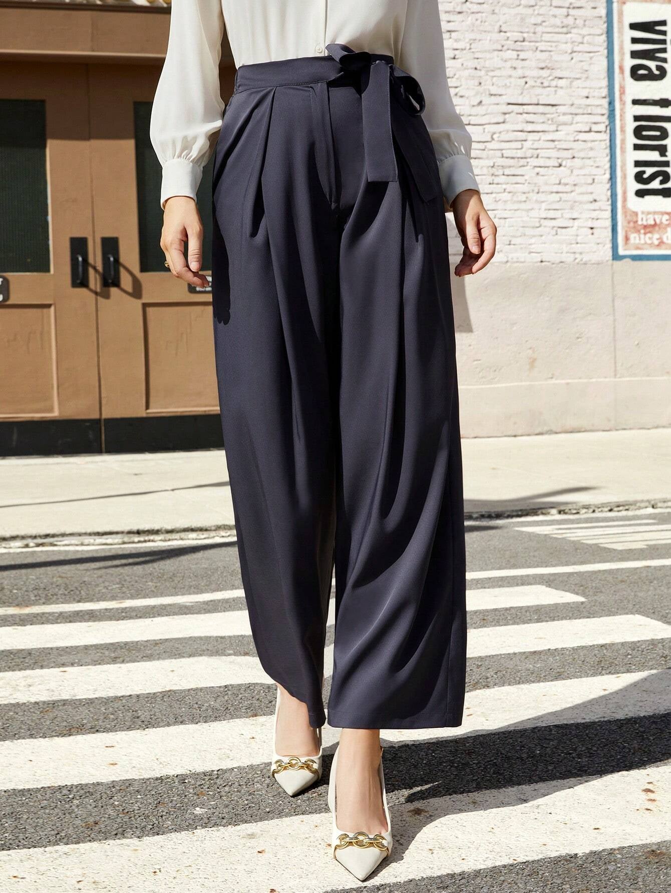 Bizwear Women'S Solid Color Pleated Straight Leg Pants