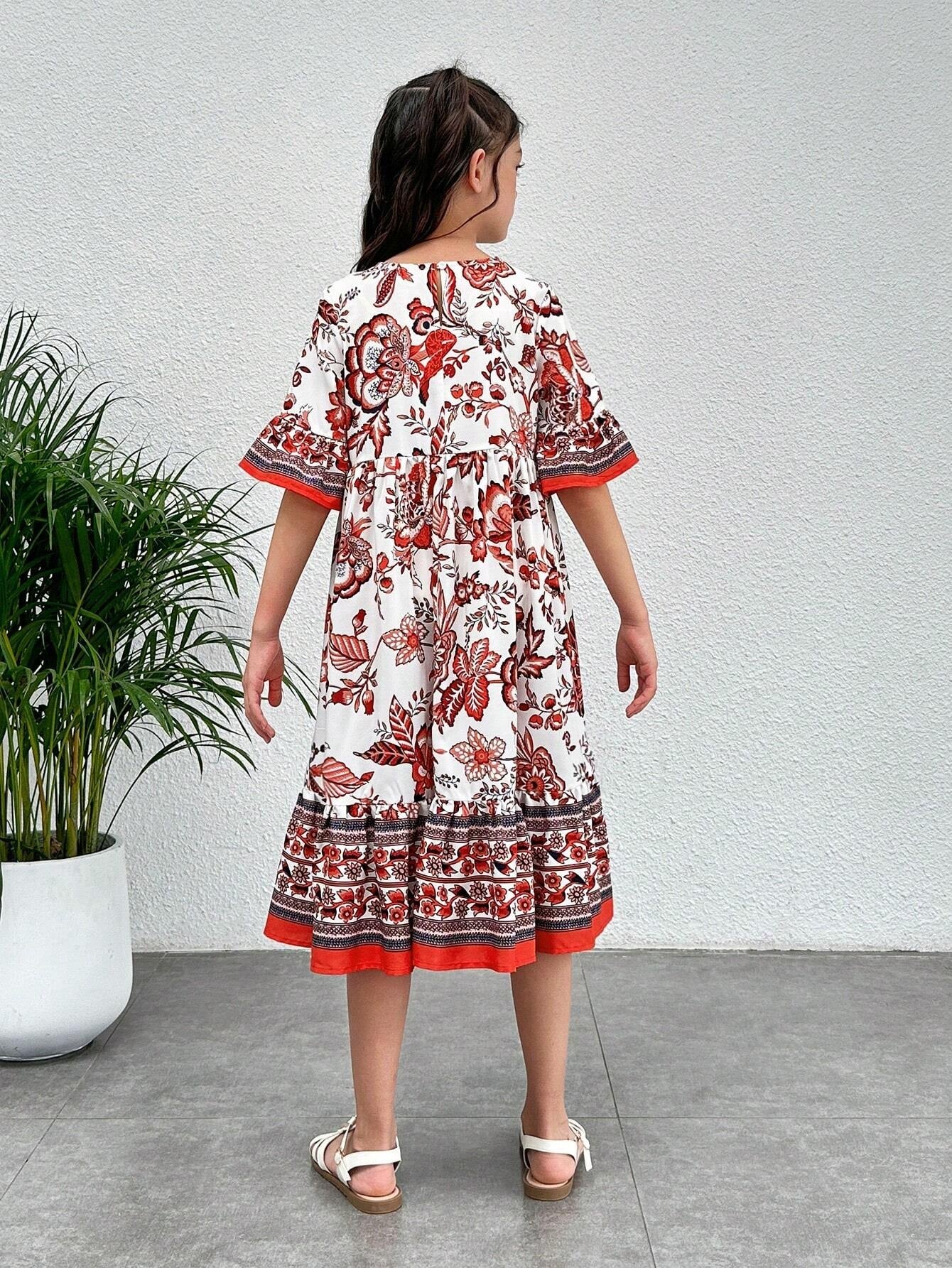 Tween Girl Floral Print Flounce Sleeve Ruffle Hem Dress