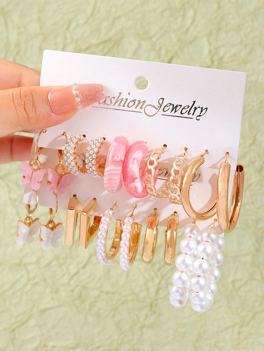 20Pairs/Set Fashionable Zinc Alloy Butterfly & Faux Pearl Decor Earrings for Women for Daily Decoration