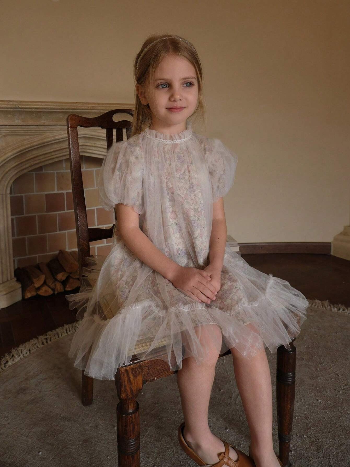 Young Girls' Vintage Floral Patchwork Mesh Bubble Sleeve Dress with Print, Casual Style